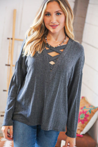 Grey Rib Lace-Up V Neck Long Sleeve Pullover