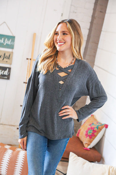 Grey Rib Lace-Up V Neck Long Sleeve Pullover