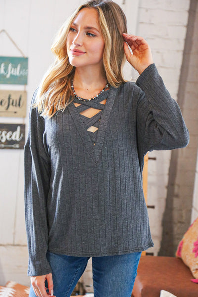 Grey Rib Lace-Up V Neck Long Sleeve Pullover