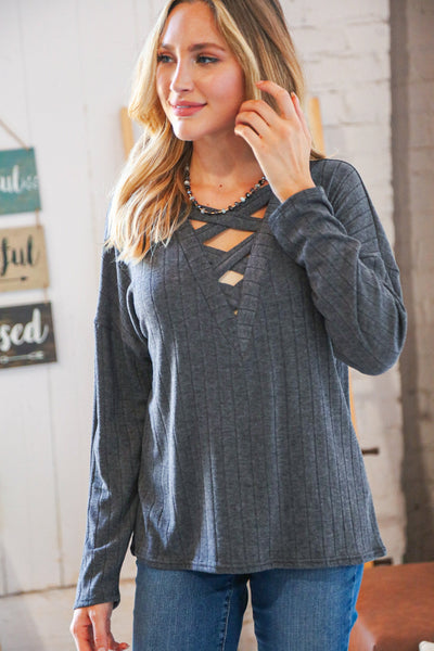 Grey Rib Lace-Up V Neck Long Sleeve Pullover