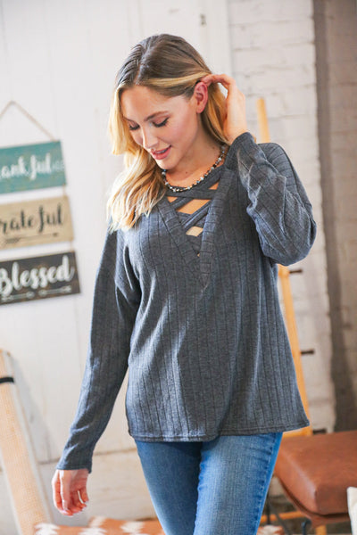 Grey Rib Lace-Up V Neck Long Sleeve Pullover