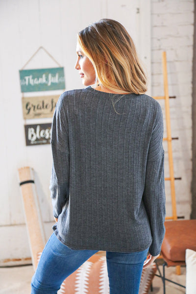 Grey Rib Lace-Up V Neck Long Sleeve Pullover