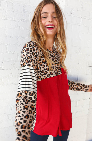 Leopard Stripe Color Block Knit Top