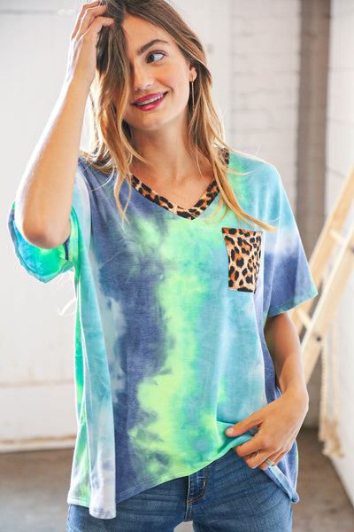 Cobalt Green Tie Dye Leopard V Neck Terry Top