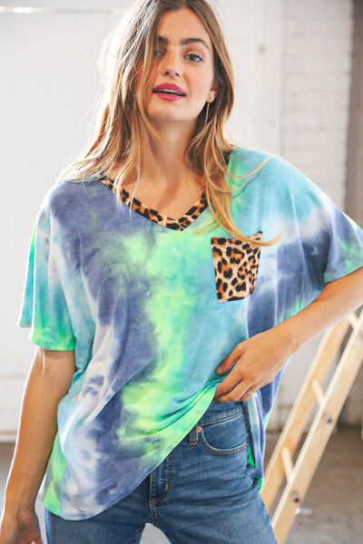 Cobalt Green Tie Dye Leopard V Neck Terry Top