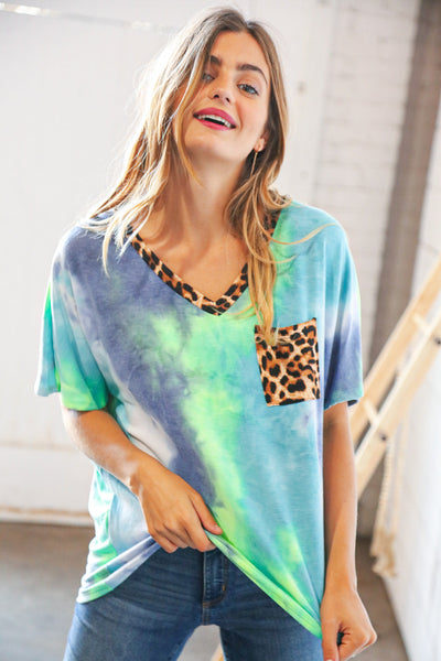 Cobalt Green Tie Dye Leopard V Neck Terry Top