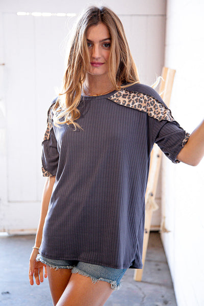 Grey Rib Leopard Cross Detail Overlock Stitch Top