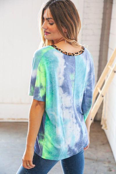 Cobalt Green Tie Dye Leopard V Neck Terry Top