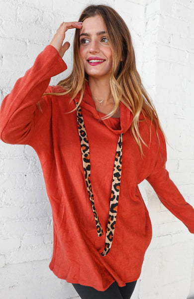 Fleece Leopard Print Drawstring Pullover Hoodie