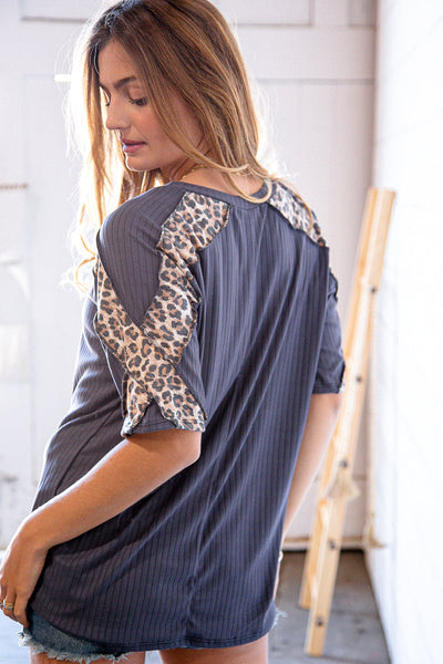 Grey Rib Leopard Cross Detail Overlock Stitch Top