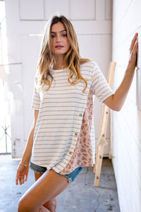 Grey & Cream Yarn Dye Stripe Leopard Button Detail Top