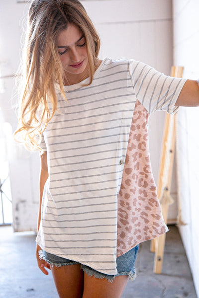 Grey & Cream Yarn Dye Stripe Leopard Button Detail Top