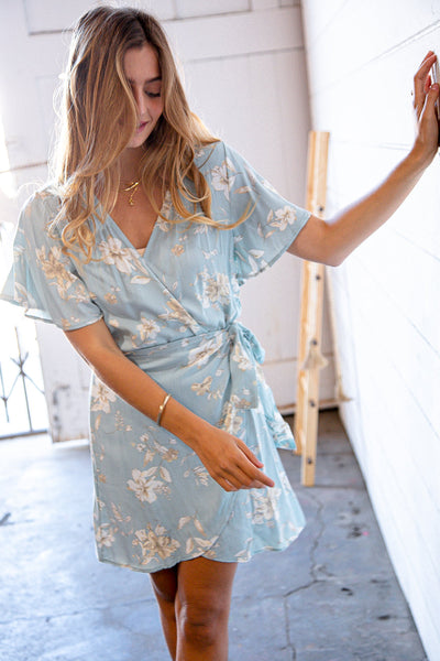 Sky Blue Floral Rayon Slub Surplice Waist Tie Dress