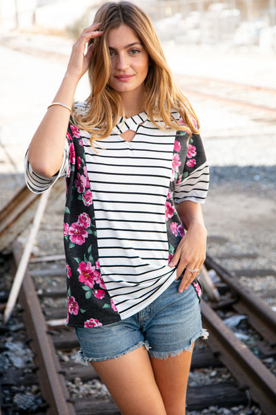 Black Stripe Loose Fit Criss Cross Floral Knit Top