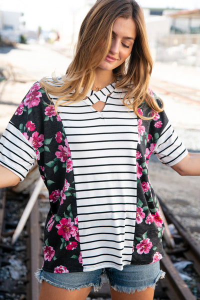 Black Stripe Loose Fit Criss Cross Floral Knit Top