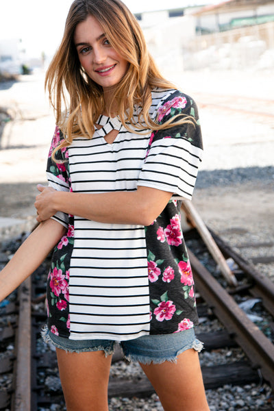 Black Stripe Loose Fit Criss Cross Floral Knit Top