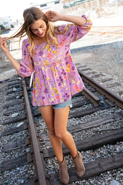 Lilac Square Neck Peplum Floral Challis Woven Top