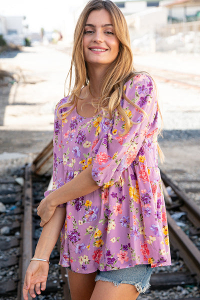 Lilac Square Neck Peplum Floral Challis Woven Top