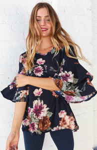 Floral Print V Neck Double Ruffle Knit Top