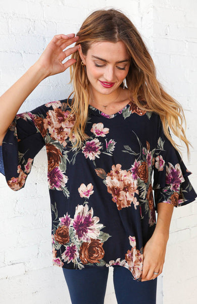 Floral Print V Neck Double Ruffle Knit Top