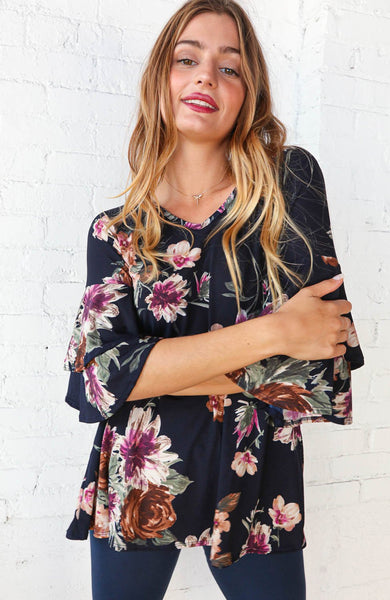 Floral Print V Neck Double Ruffle Knit Top