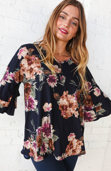 Floral Print V Neck Double Ruffle Knit Top