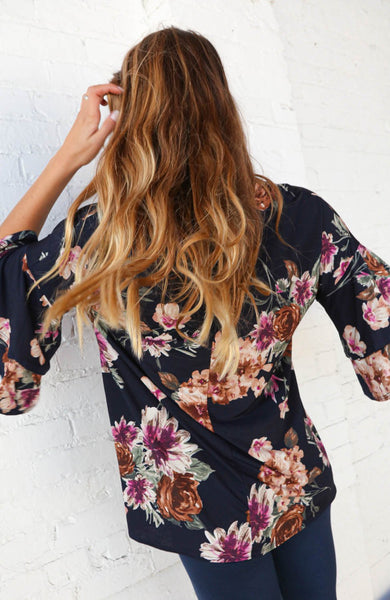 Floral Print V Neck Double Ruffle Knit Top