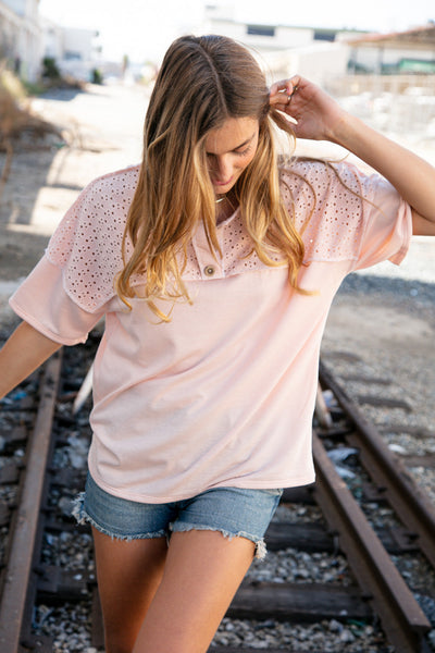 Blush Eyelet Yoke Terry Knit Button Down Top