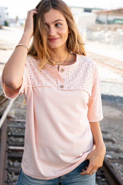 Blush Eyelet Yoke Terry Knit Button Down Top