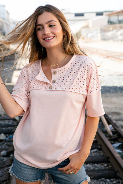 Blush Eyelet Yoke Terry Knit Button Down Top