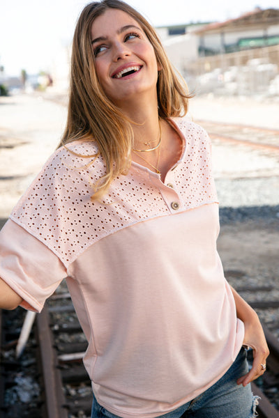 Blush Eyelet Yoke Terry Knit Button Down Top