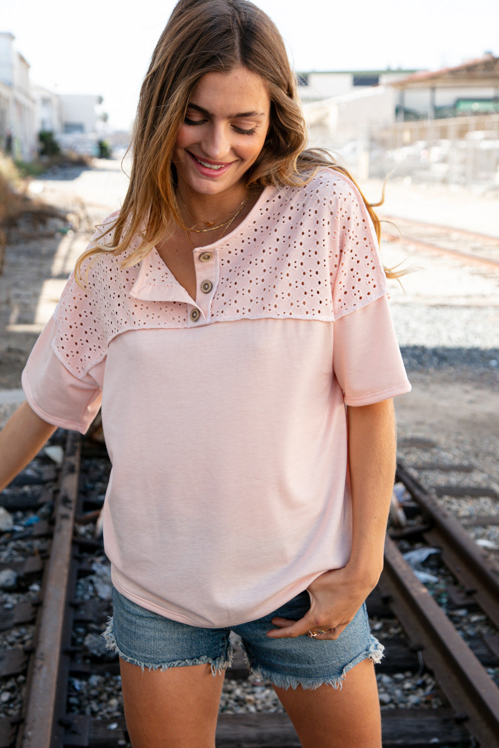 Blush Eyelet Yoke Terry Knit Button Down Top