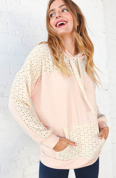 Peach Ivory Eyelet Color Block Pullover Hoodie