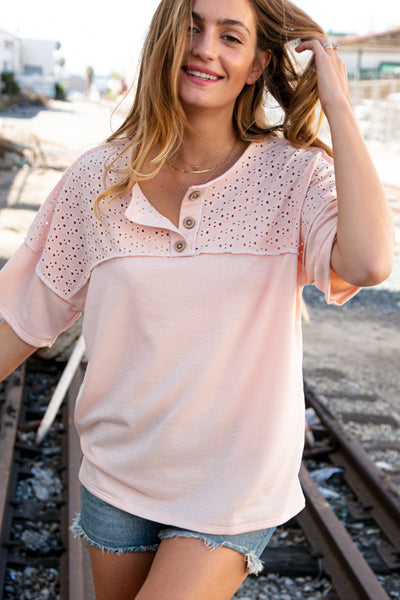 Blush Eyelet Yoke Terry Knit Button Down Top