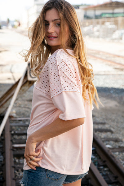 Blush Eyelet Yoke Terry Knit Button Down Top