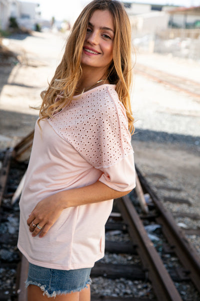 Blush Eyelet Yoke Terry Knit Button Down Top