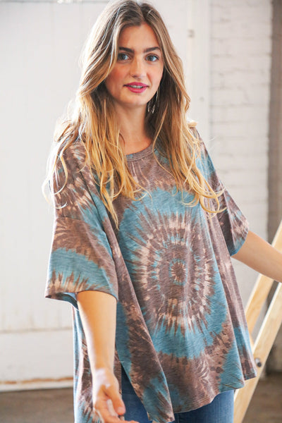 Teal/Brown Tie Dye Terry Round Neck Top