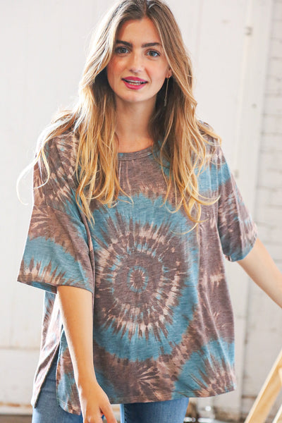 Teal/Brown Tie Dye Terry Round Neck Top