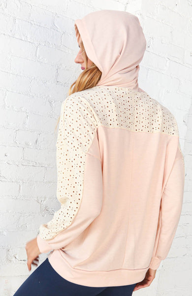 Peach Ivory Eyelet Color Block Pullover Hoodie