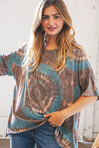 Teal/Brown Tie Dye Terry Round Neck Top