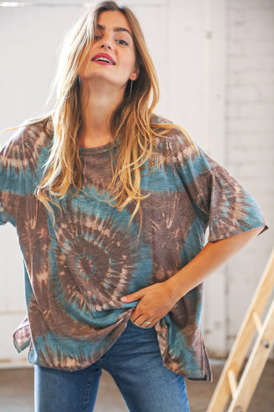 Teal/Brown Tie Dye Terry Round Neck Top