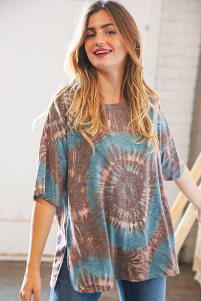 Teal/Brown Tie Dye Terry Round Neck Top