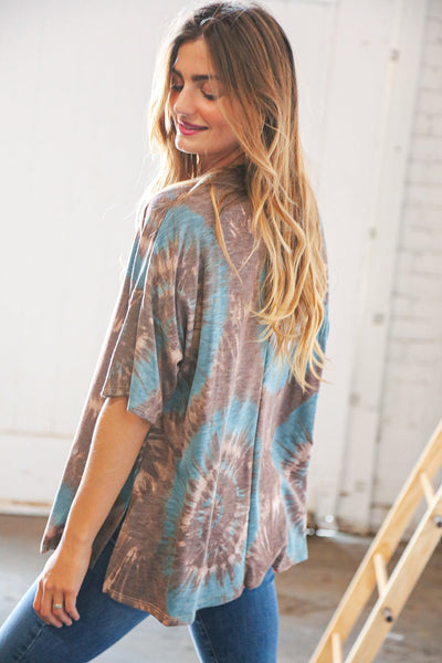 Teal/Brown Tie Dye Terry Round Neck Top