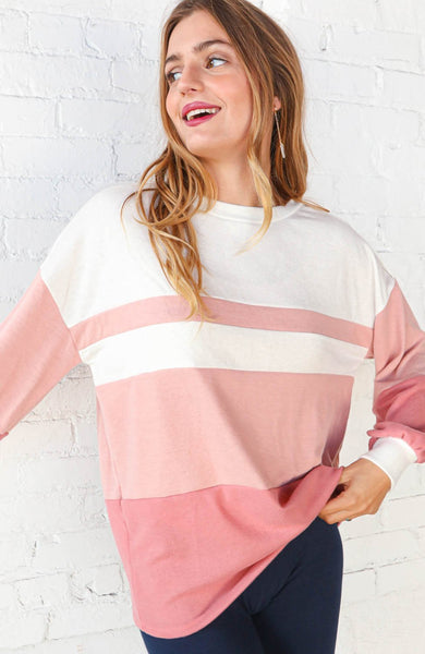 Blush Cashmere Feel Button Detail Color Block Sweater