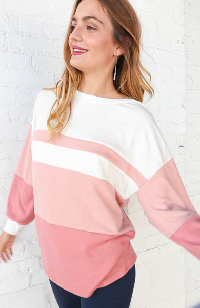 Blush Cashmere Feel Button Detail Color Block Sweater