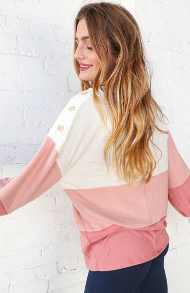 Blush Cashmere Feel Button Detail Color Block Sweater