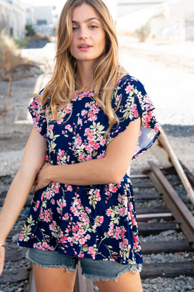 Navy Floral Ruffle Short Sleeve Baby Doll Top