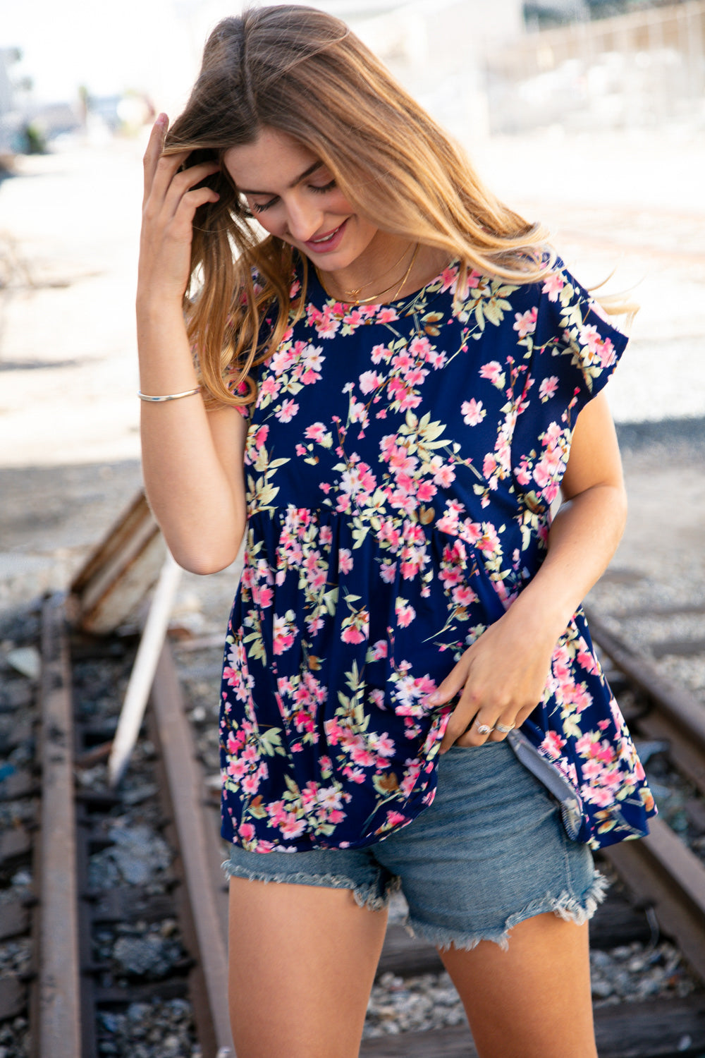 Navy Floral Ruffle Short Sleeve Baby Doll Top