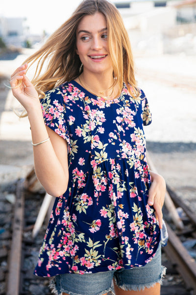 Navy Floral Ruffle Short Sleeve Baby Doll Top