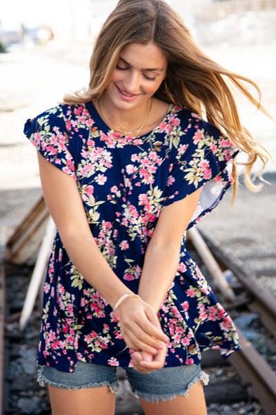 Navy Floral Ruffle Short Sleeve Baby Doll Top